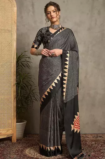 black striped printed crepe block print saree with unstitched blouse piece