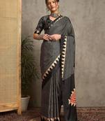 black striped printed crepe block print saree with unstitched blouse piece