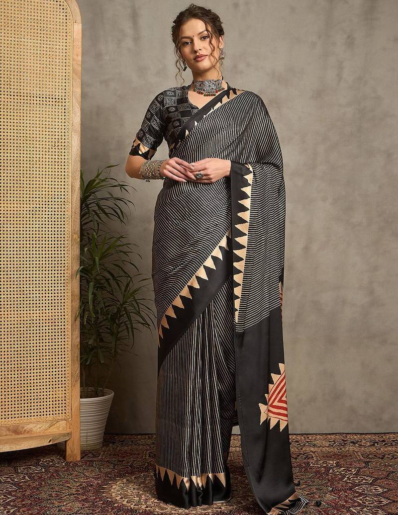black striped printed crepe block print saree with unstitched blouse piece