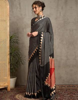 black striped printed crepe block print saree with unstitched blouse piece 2