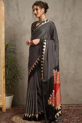 black striped printed crepe block print saree with unstitched blouse piece