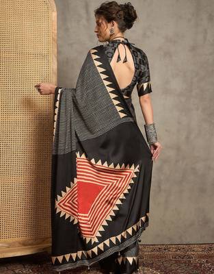 black striped printed crepe block print saree with unstitched blouse piece 3