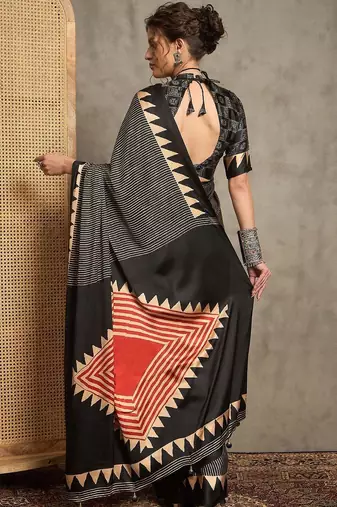 black striped printed crepe block print saree with unstitched blouse piece