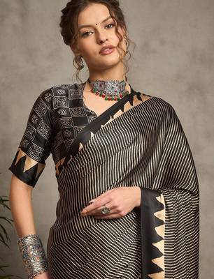 black striped printed crepe block print saree with unstitched blouse piece 4