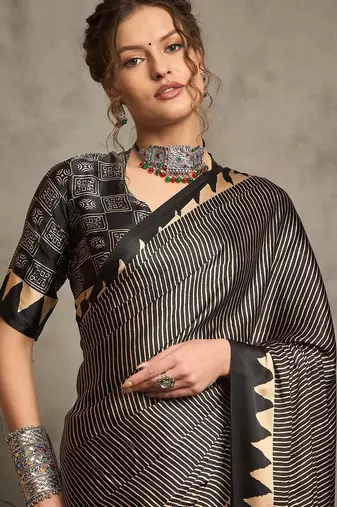 black striped printed crepe block print saree with unstitched blouse piece