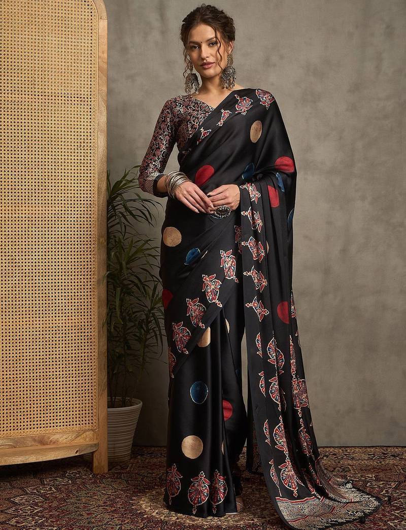 black printed saree with blouse