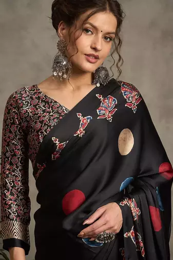 black printed saree with blouse
