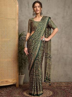green floral printed crepe block print saree 1