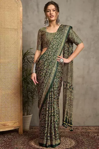 green floral printed crepe block print saree