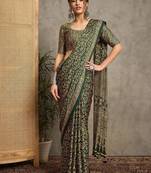 green floral printed crepe block print saree
