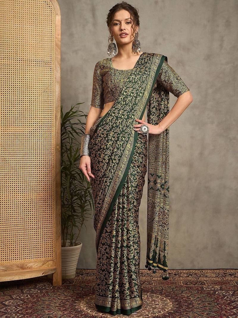 green floral printed crepe block print saree