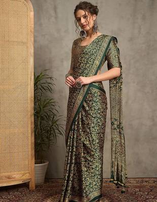 green floral printed crepe block print saree 2