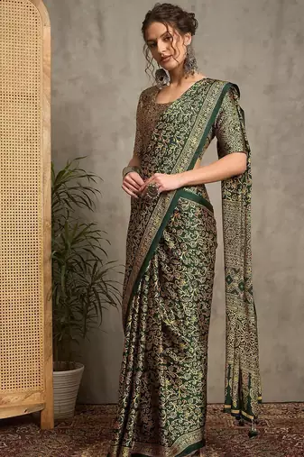 green floral printed crepe block print saree