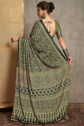 green floral printed crepe block print saree