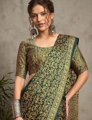 green floral printed crepe block print saree 4