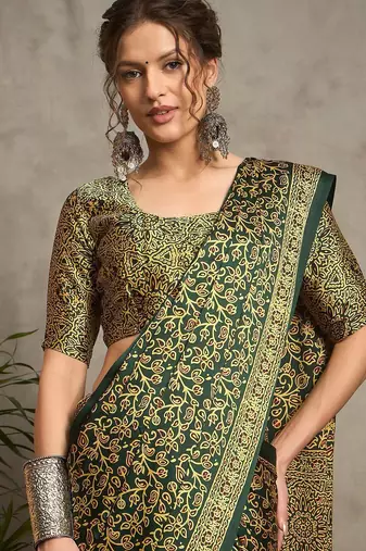 green floral printed crepe block print saree
