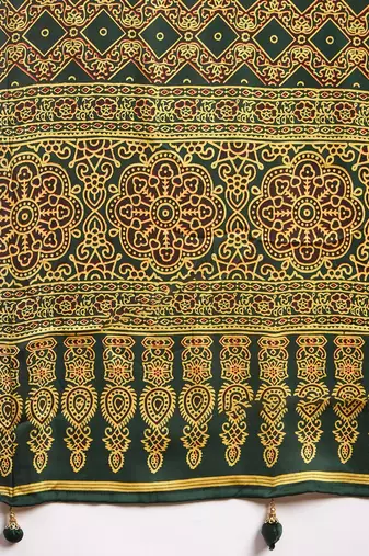 green floral printed crepe block print saree