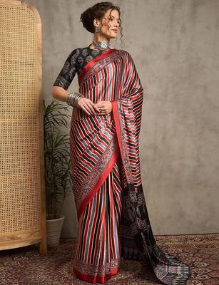 maroon striped crepe block print saree 1
