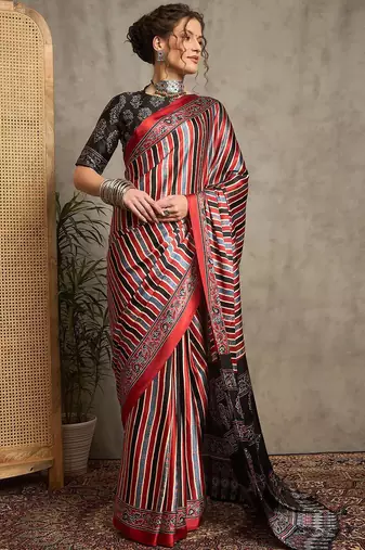 maroon striped crepe block print saree