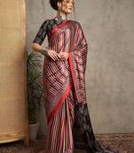 maroon striped crepe block print saree