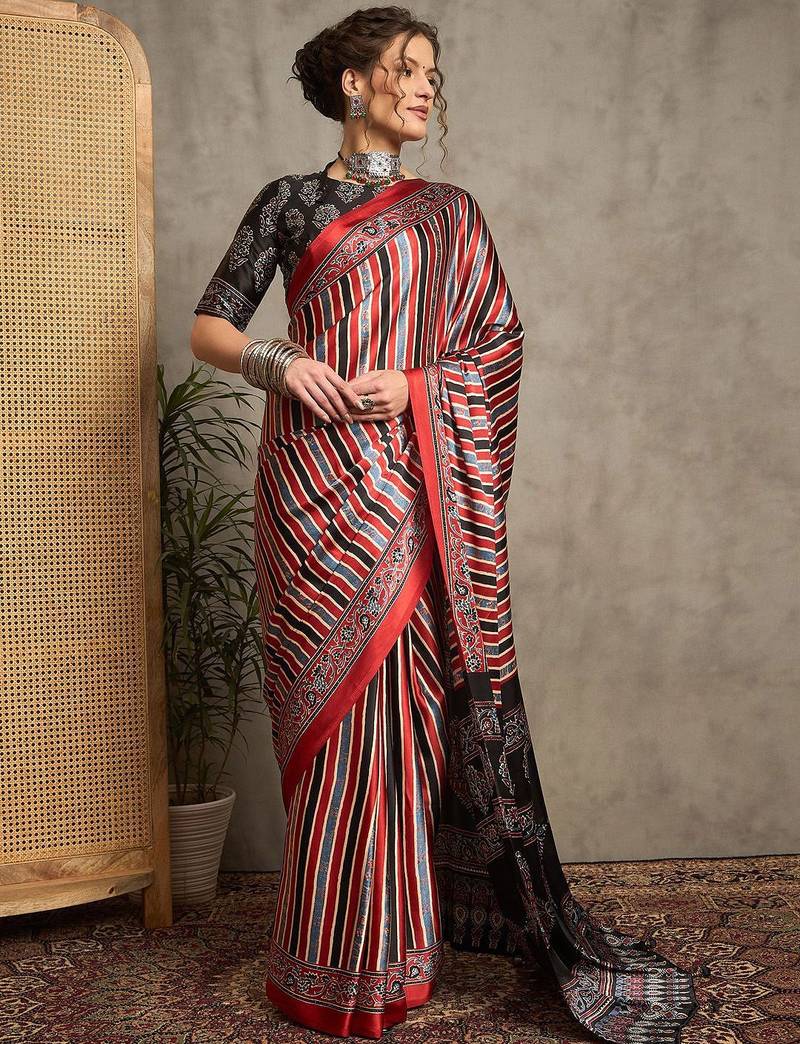 maroon striped crepe block print saree