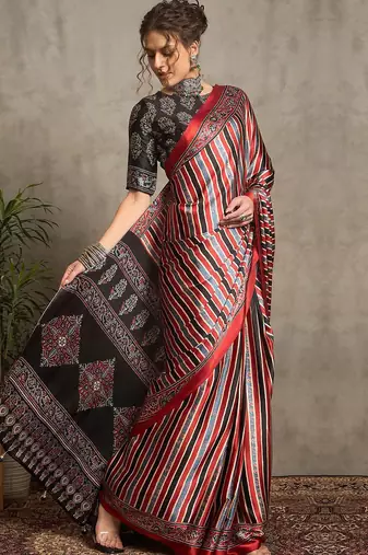maroon striped crepe block print saree