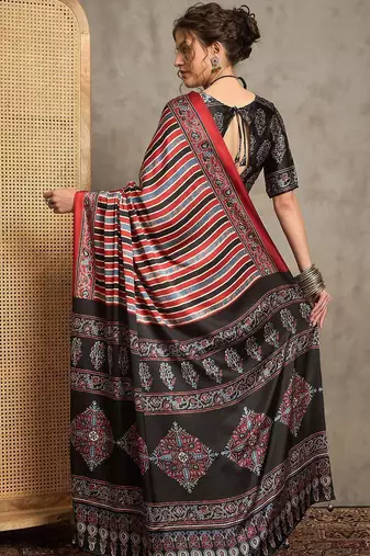 maroon striped crepe block print saree