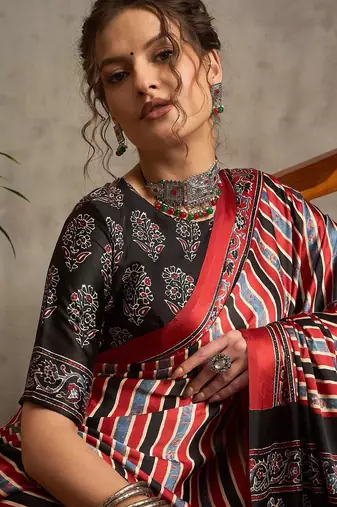 maroon striped crepe block print saree