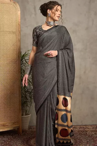 black striped crepe block print saree