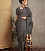 black striped crepe block print saree