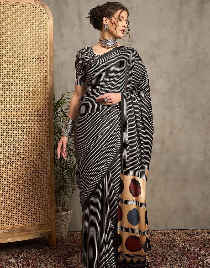 black striped crepe block print saree
