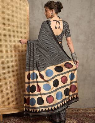 black striped crepe block print saree 2