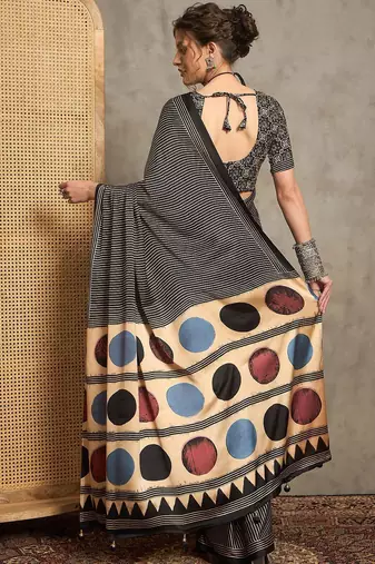 black striped crepe block print saree