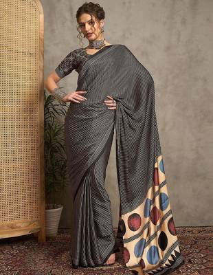 black striped crepe block print saree 3