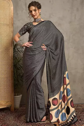 black striped crepe block print saree
