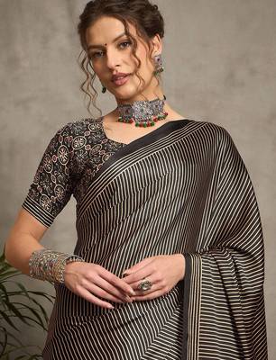 black striped crepe block print saree 4