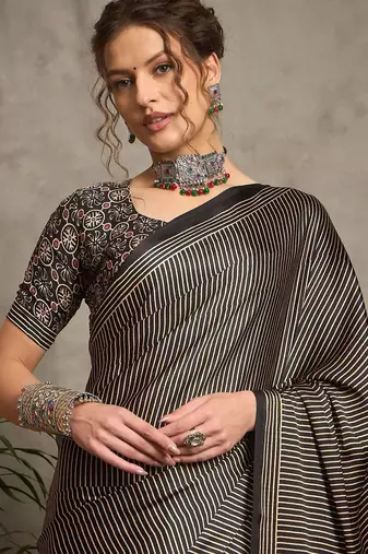 black striped crepe block print saree