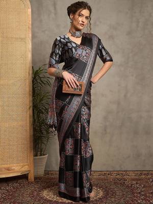 black ethnic motifs ajrak crepe block print saree 1