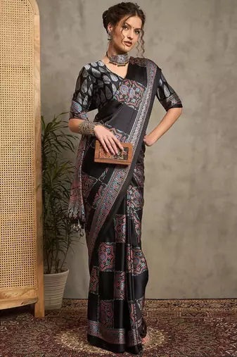 black ethnic motifs ajrak crepe block print saree