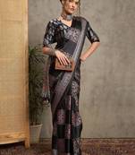 black ethnic motifs ajrak crepe block print saree