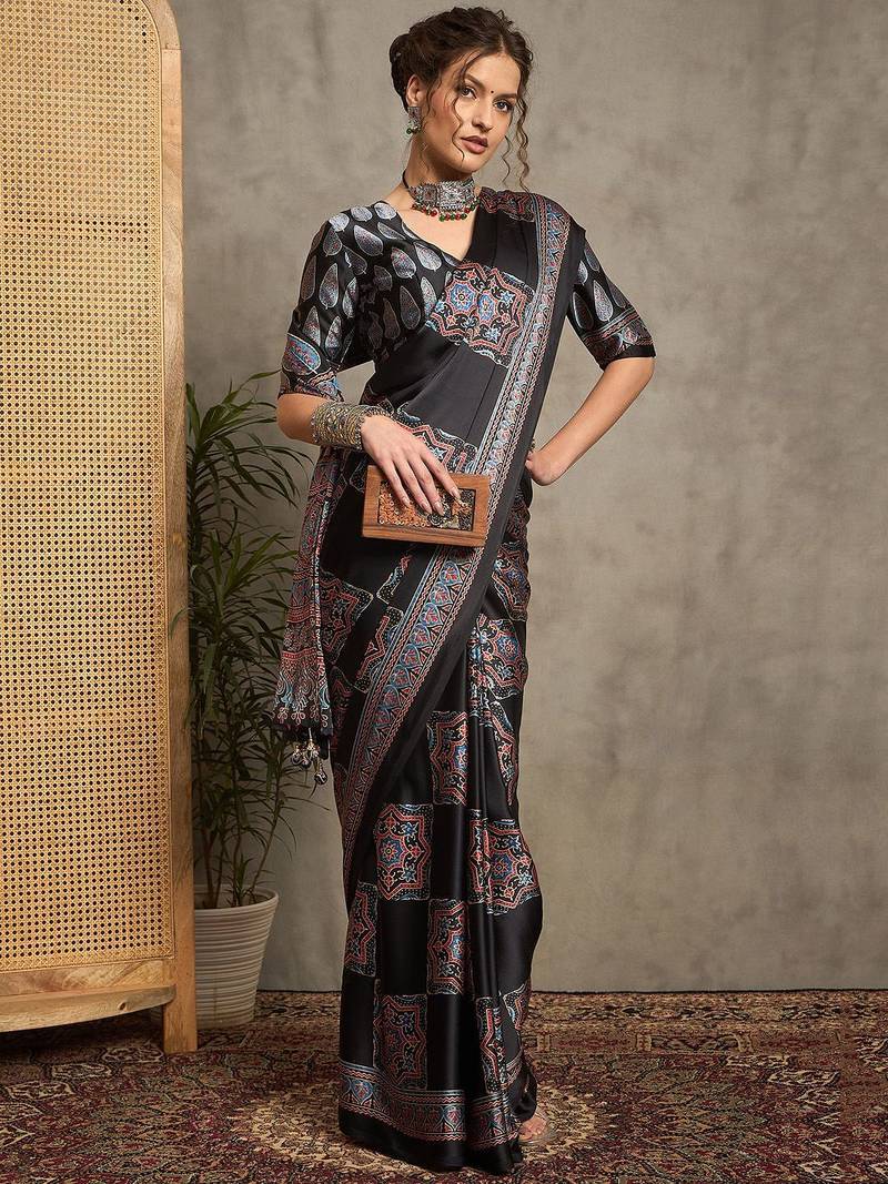 black ethnic motifs ajrak crepe block print saree