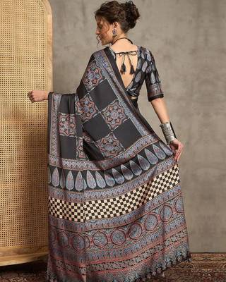 black ethnic motifs ajrak crepe block print saree 2