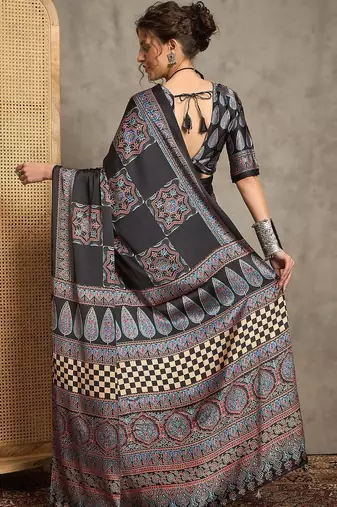 black ethnic motifs ajrak crepe block print saree