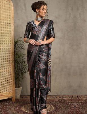 black ethnic motifs ajrak crepe block print saree 3