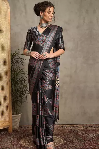 black ethnic motifs ajrak crepe block print saree