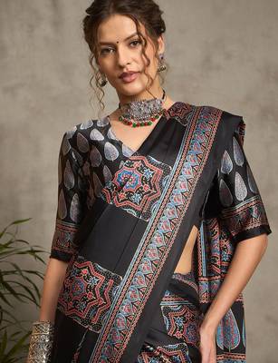 black ethnic motifs ajrak crepe block print saree 4