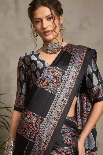 black ethnic motifs ajrak crepe block print saree