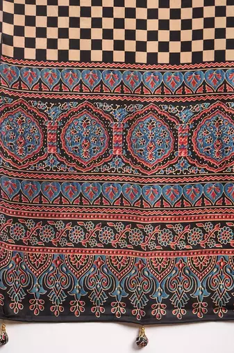 black ethnic motifs ajrak crepe block print saree
