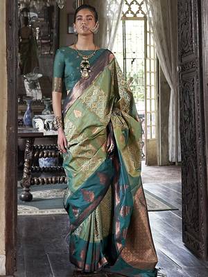 green ethnic motifs embroidered designer saree 1