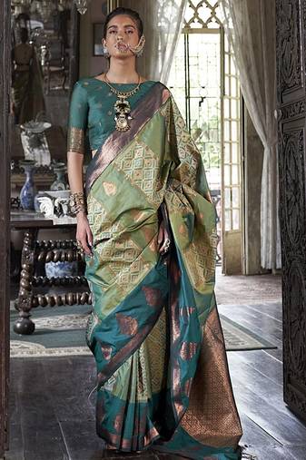 green ethnic motifs embroidered designer saree
